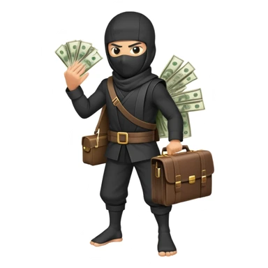 Ninja with briefcase full of money, cash sticking out, stealthy pose sticker