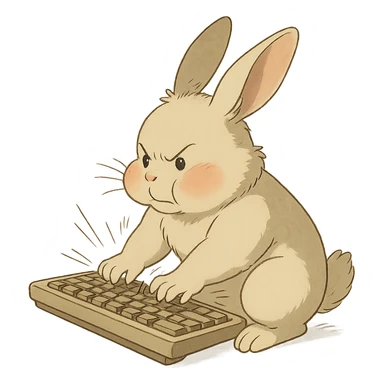 full-body vanilla bunny bunny typing fast on a keyboard, cheeks puffed, soft Ghibli style sticker