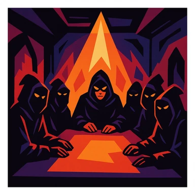 secret conclave with shadowy figures and dramatic lighting in vibrant toon style sticker