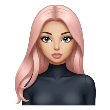 Glamours, tanned, very beautiful girl, with big pump peach-beige-rose lips, long long lashes, black straight smooth silky long hair, straight parting hair, blue-grey eyes in black long-sleeves bodysuit sticker