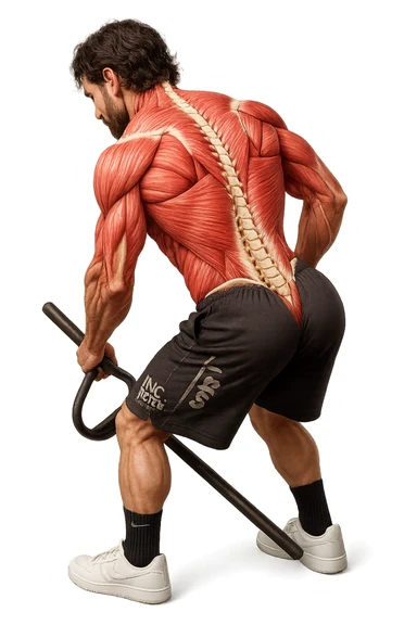 lascia questa immagine identica in cui lui esegue un T-bar con triangolo ma aggiungi fasci muscolari e spina dorsale sulla sua schiena, iperealistico 4k sticker