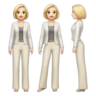 Full height Actively gesturing with hands pale skin woman with ash blonde Straightened bob Hair, White Spacious classical jacket, beige palazzo Arrow pants and gray blouse sticker