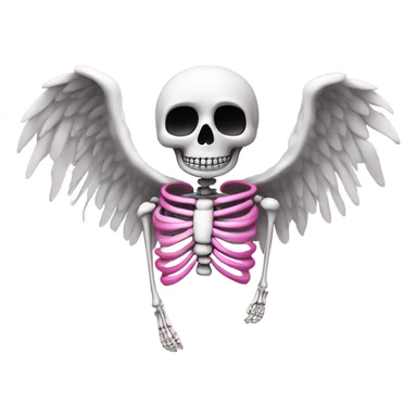Skeleton with large pink angel wings cover in white sparkly clouds  sticker