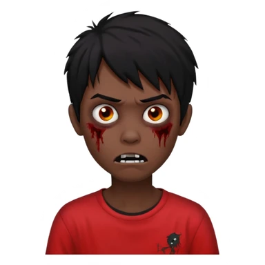 Boy, zombie, black hair, medium long, emo, shaggy, dark, spooky, creepy expression, red shirt. sticker