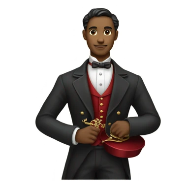waiter in Victorian dress elegant red full body, holding big key sticker