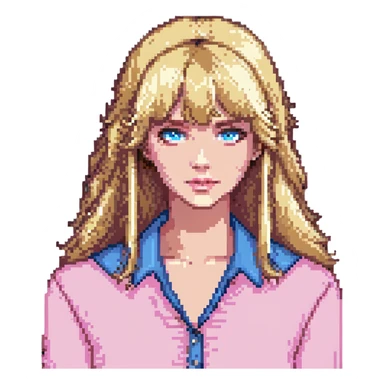 blonde woman with bangs, wearing a pink blouse, blue eyes sticker