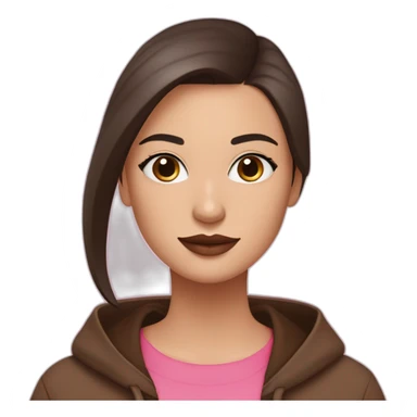 White women with long dark brown hair and long eyelashes dark brown eyes and pink cheeks with pink lips and thick dark brown eyebrows wearing a brown hoody sticker