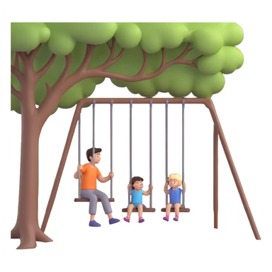 A person pushing a swing with a child sitting on it, outdoors, under a tree, in daylight. The swing is moving back and forth. Focus on the motion of swinging and the person gently pushing it sticker
