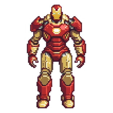 Hulkbuster armor, massive red and gold Iron Man suit designed to fight Hulk, bulky armored exoskeleton, retro video game style sticker