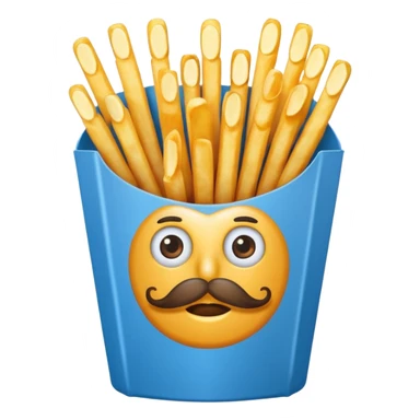 long slim crispy fries in a blue carton, carton has eyes and mustache sticker