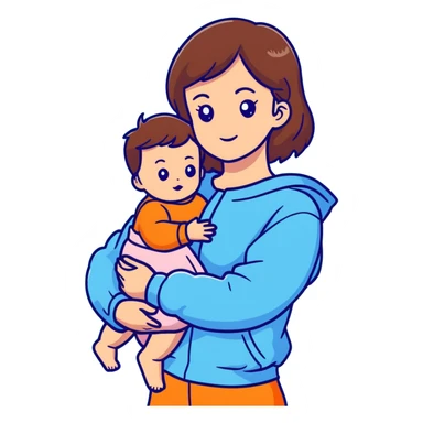 brunette girl with brown hair wearing pastel blue clothes holding a baby sticker