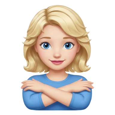 Girl Blonde short wavy hair,  blue eyes, cute blue top, long lashes, pink lips, smiling, making cross arms X with arms  sticker