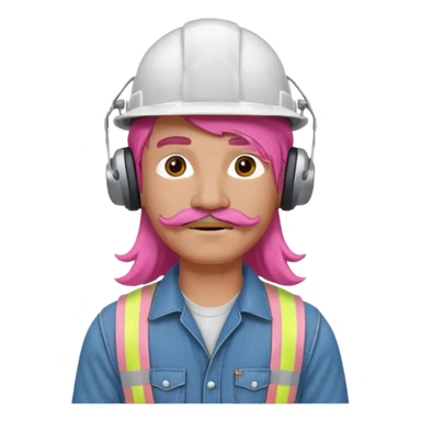 construction worker with long pink hair and protective headphones and mustache sticker