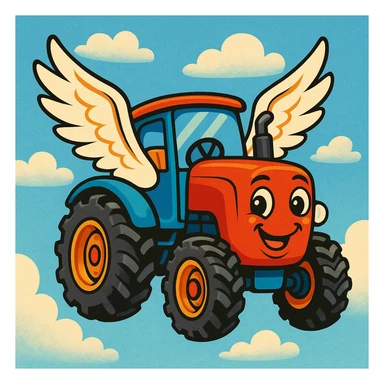tractor with a smiling face and flying wings, fun and whimsical style sticker