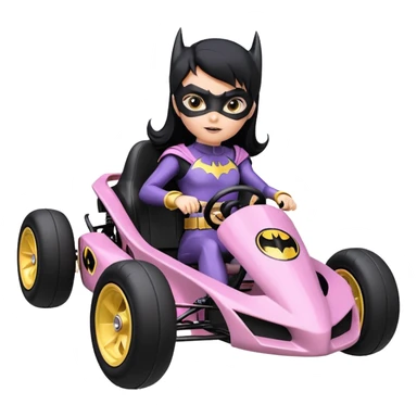 Hot full size real size-appearance electric racing action BatGirl’s feminine midnight-colored tight outfit sixty’s tv show 1992 dark stealthy sporty safe plush petite off-road pursuit cruiser car rose gold accents (black hair,reclined and relaxed torso and shoulders seating position) go kart  sticker
