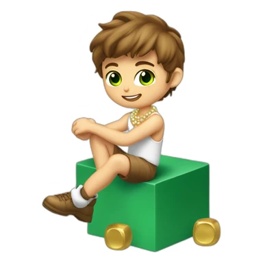 Posh-muscle-boy-brown-hair-green-eyes-pearl-necklace-sitting-on-golden-cube sticker