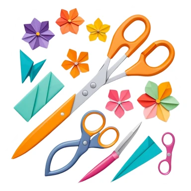 Paper crafting icon, various paper crafts like origami, paper flowers, and scrapbooking materials, visible tools such as tradittional scissors, glue stick, and paper sheets, colorful paper patterns, minimalistic style, clean lines, transparent background. sticker