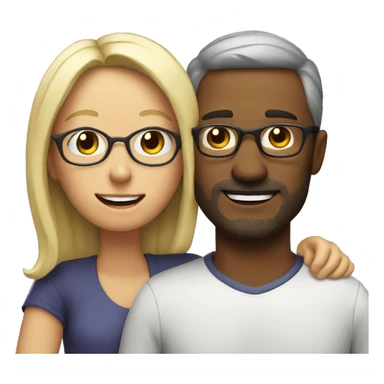 40 year old man with blond hair and glasses hugs a 40 year old woman with dark brown half long hair sticker