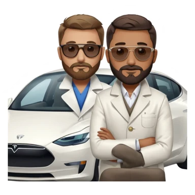 White tesla model 3 with one cool physician with dark blond hair, beard and dark sunglasses next to it sticker
