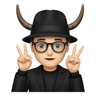 man dressed in black with dark glasses and a black hat making the horns gesture with both hands sticker