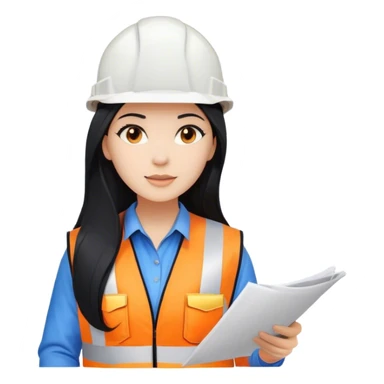 Female civil engineer with long black hair and white helmet wearing blue shirt and an orange safety vest looking at construction plan  sticker