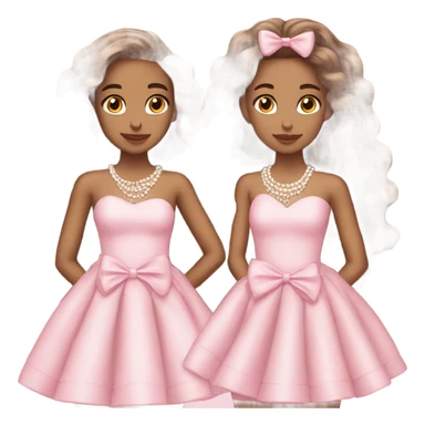 two teenage Latina twins. pink. Long hair. Pink bows. Pearls. Light pink. Diamonds dress. sticker