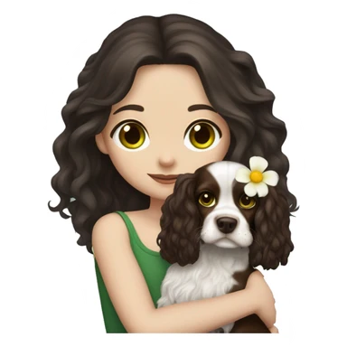 pale skin girl with green eyes with long dark brown hair that has a flower in her hair  holding a black and brown cavalier dog the dog also has a flower in its hair sticker