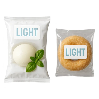 PACCHTTO DI MOZZARELLA LIGHT CON LA SCRITTA "LIGHT" SULLA CONFEZIONE, ACCANTO AD UN DONUT CONFEZIONATO CON LA SCRITTA "LIGHT" SULL'ETICHETTA,  iperrealistico 4k sticker