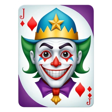 1 poker card, squared, with crazy colorful human jolly joker inside, star symbol with a "J" sticker