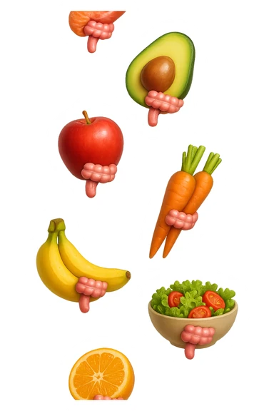 cibo sano fluttua in aria verticalmente stringendo piccoli colon umani, stile emoji iphone, iperrealistico 4k sticker