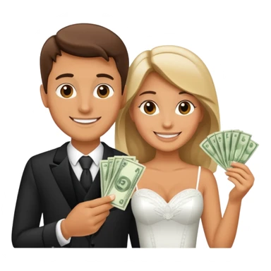 a newlywed couple holding money sticker