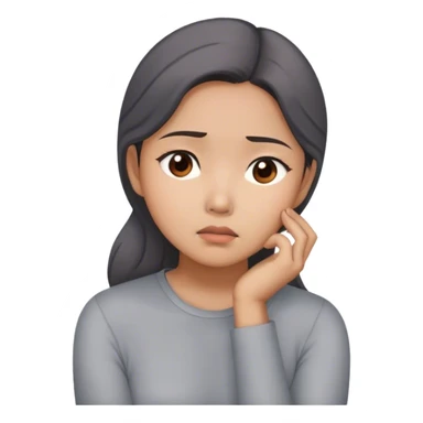 Asian woman wearing gray blouse feeling worried while resting her chin on her right hand sticker