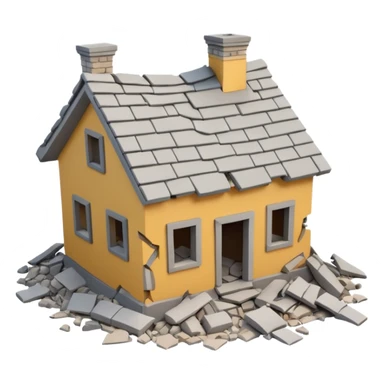 3D iPhone style emoji of a completely destroyed house, heavily damaged, collapsed into rubble, broken walls and roof scattered into debris, isolated on white background, soft shadows, high detail, playful and cute. sticker