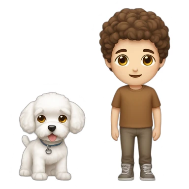 a boy with brown hair with a white dog bichon maltes sticker