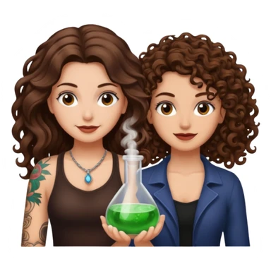 hiding potion — long wavy brown hair tattooed woman and short tight curly brown hair woman — guilty smile sticker