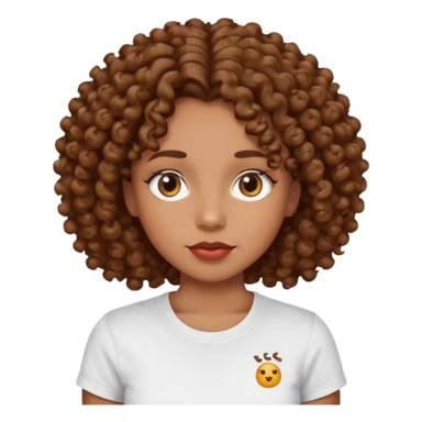 
professional, curly brown lady with hazel eyes, a little dot on the top of the left lip, a normal t shirst sticker