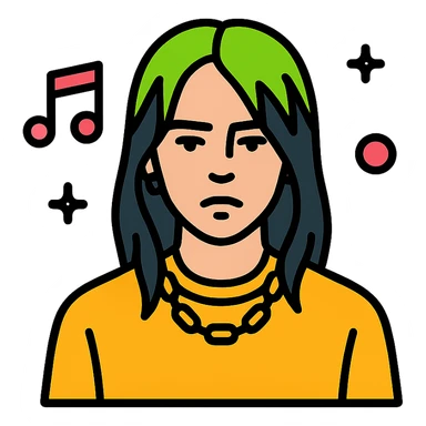 minimalist icon of Billie Eilish with signature green roots, neutral face, pop music theme sticker