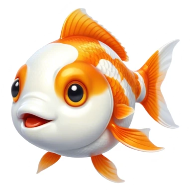 Cinematic Cute Orange and White Goldfish Portrait Emoji, Head tilted playfully and inquisitively, featuring a glossy, vibrant body adorned with a striking mix of orange and white, round, sparkling golden eyes filled with curiosity, Simplified yet irresistibly adorable features, highly detailed, glowing with a warm, friendly glow, high shine, affectionate and lively, stylized with a touch of whimsy, bright and endearing, soft glowing outline, capturing the essence of a mischievous yet loving goldfish, so playful it feels like it could swim out of the screen and into your heart! sticker