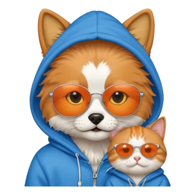 Dog wearing a hoodie and sunglasses with a cat sticker