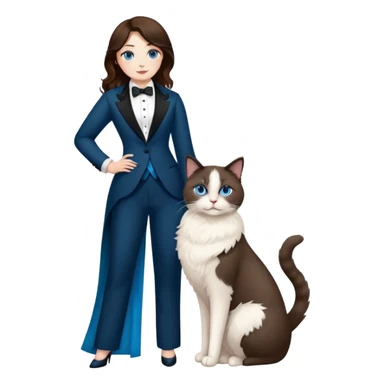 curvy brunet with blue eyes holding a ragdoll cat in a tuxedo sticker