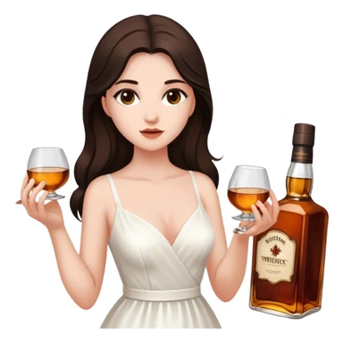 Beautiful woman in 1950’s woman fashion look, white dress, long dark brown hair, whisky with ice sticker