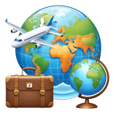 An icon featuring a suitcase, a hotel building, and a globe, symbolizing tourism and hospitality. The design includes a plane and a map, representing travel and accommodation services. Transparent background highlights the global nature of tourism and the hospitality industry. sticker
