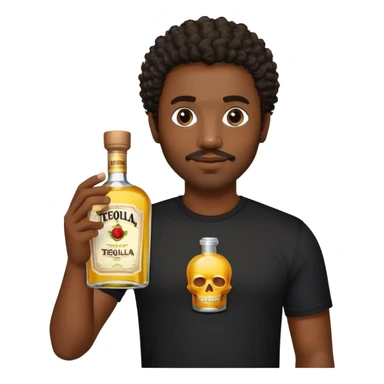 dark black guy, short curly hair, facial hair, holding tequila, black shirt  sticker