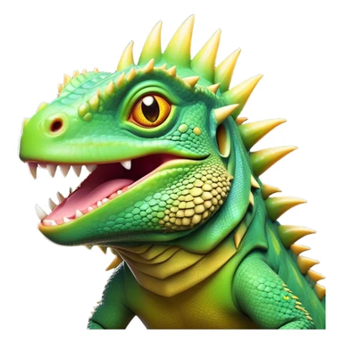 Cinematic Comical Iguana Portrait Emoji, Head tilted dramatically with an exaggeratedly shocked expression, featuring a robust, textured body with a quirky, spiky crest and wide, comically expressive eyes full of playful disbelief, Simplified yet hilariously expressive features, highly detailed, glowing with a slightly sassy jungle glow, high shine, dramatic yet playful, stylized with an air of quirky reptilian mischief, soft glowing outline, capturing the essence of a meme-worthy iguana that looks ready to side-eye its way into viral fame! sticker