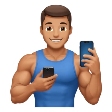 Mec musclé avec un téléphone dans les mains qui navigue sur so téléphone qui sourit sticker