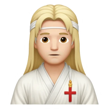 A man with long blond hair in white Chinese robes with bandages on his neck. sticker
