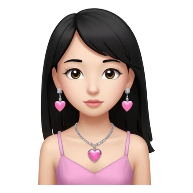 Cabelos pretos longos lisos ,com franja curvada .olhos pretos puxadinho para cima. Cílios longos curvados. Pele clara ,nariz pequeno ,lábios carnudos ,adolescente 16 anos ,vestido rosa de alça, colar de coração prata ,brinco de diamante sticker