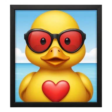 Make a frame emoji and inside it is a  yellow duck wearing red heart sunnies and the background is sky or anything blue make it like this 🌇 but what I described inside  sticker
