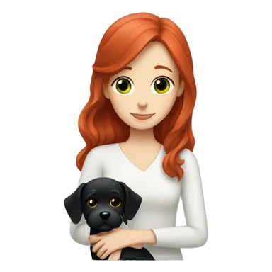 red-haired girl with green eyes hugs a maltese black dog sticker