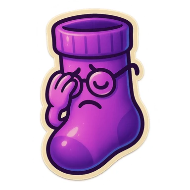 A purple sock with a facepalming gesture, wearing glasses, representing facepalm or exasperation. sticker